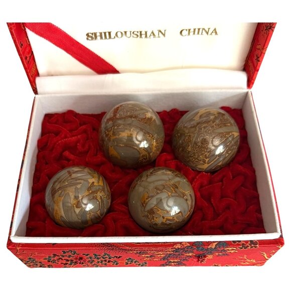 Shiloushan Baoding Balls 4 Piece Marble Stone Chinese Health Embroidered Red Box - Picture 4 of 11